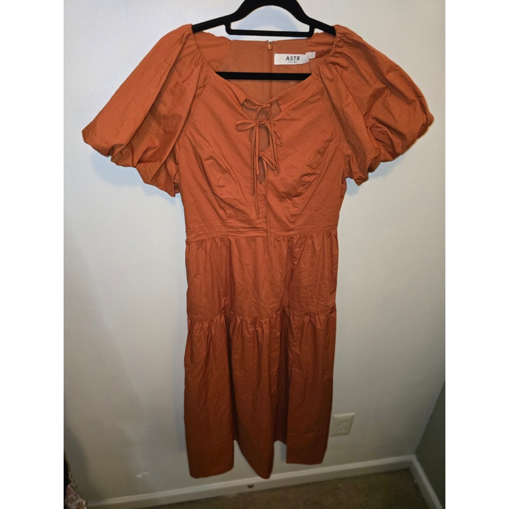 ASTR The Label Aine Dress Copper Orange Puff Sleeve Lace Up Midi Cotton M NEW
